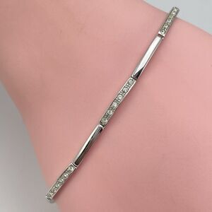 Stunning Plated Silver Tone Cubic Zirconia Rectangle Link Bracelet Dainty Bridal